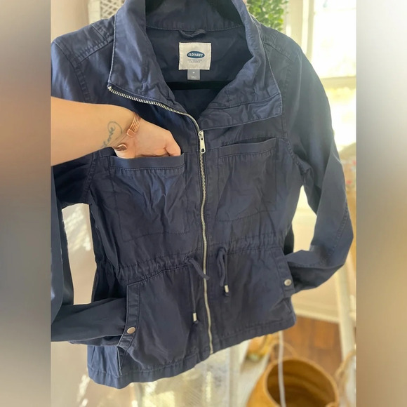 Old Navy Blue Zippered Cargo Utility Jacket Size Medium 100% Cotton High Collar - Picture 3 of 11